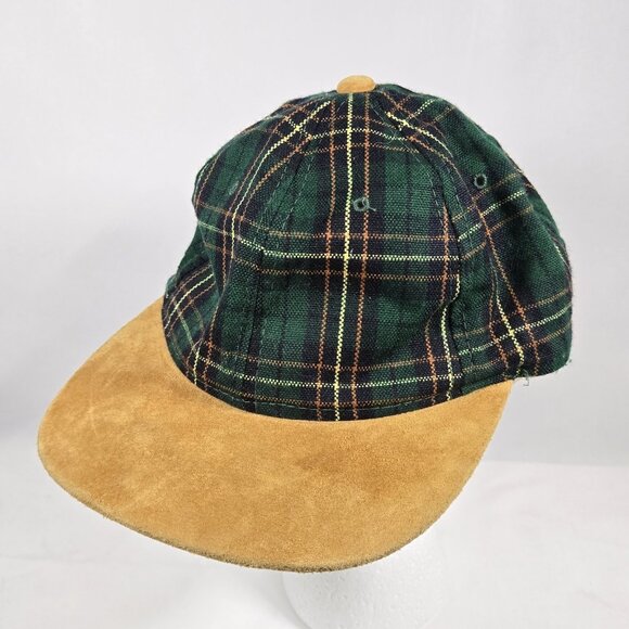 Kudzu Wool Suede Front Baseball Cap Men's OS Green Plaid Leather Strap Hat 90's - Picture 1 of 12
